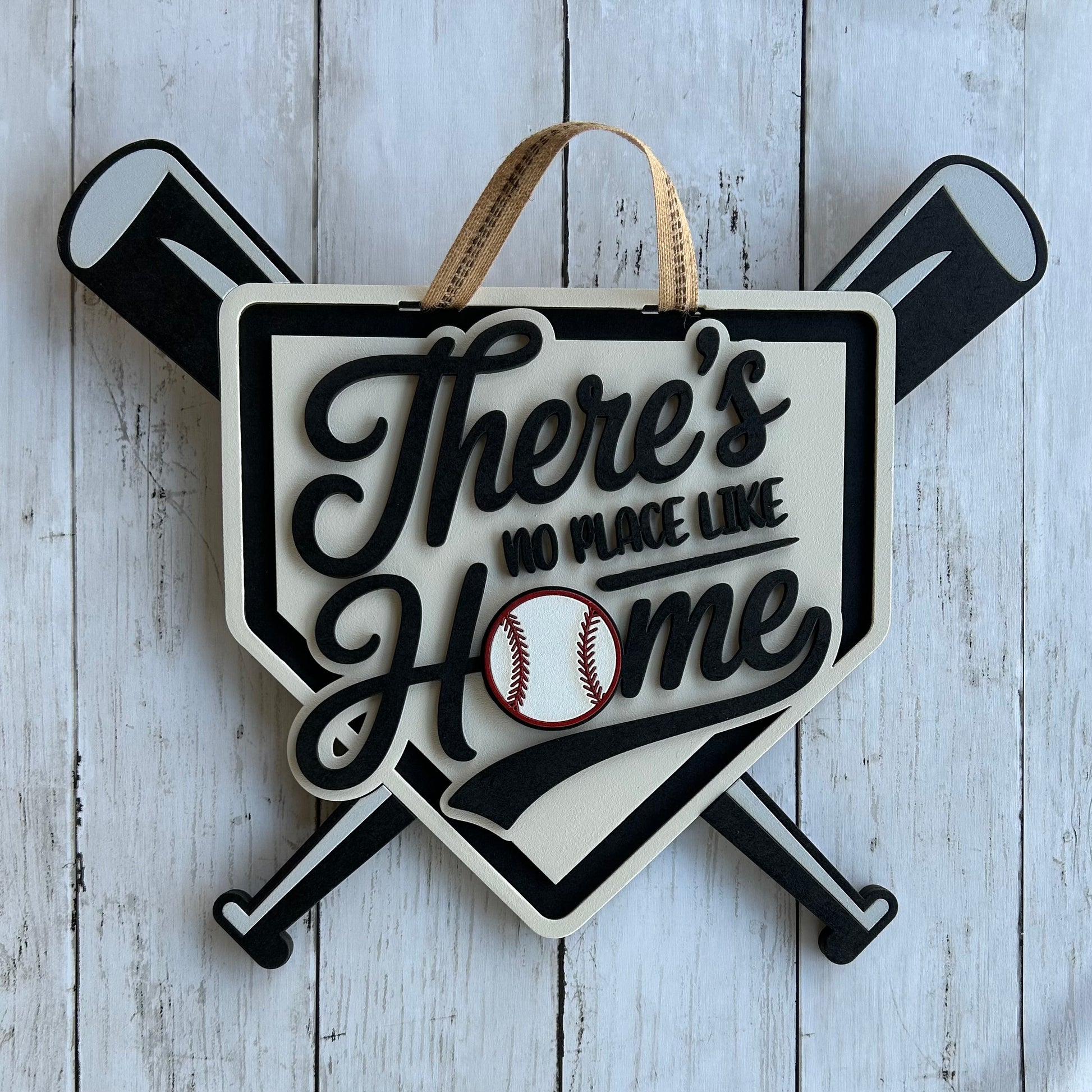 Decorative sign with 'There's no place like home' quote and baseball design on a wooden background