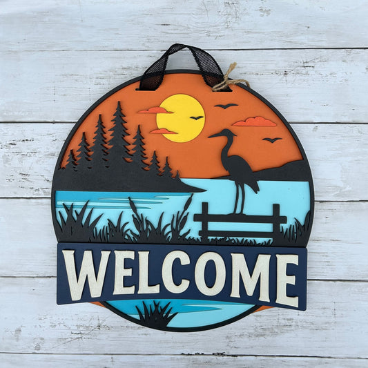 Lake with Crane Welcome Door Hanger