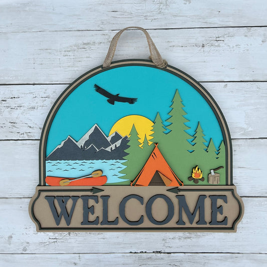 Lake Welcome Tent Canoe Mountains Door Hanger