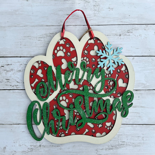 Dog Paw Merry Christmas Door Hanger